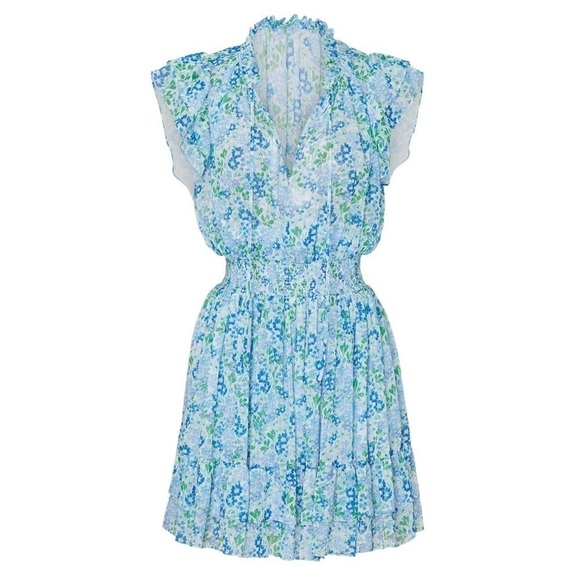 SHOSHANNA Floral Chiffon Smocked Waist Flutter Sleeve V-Neck Ruffle Mini Dress 8 - Picture 6 of 6